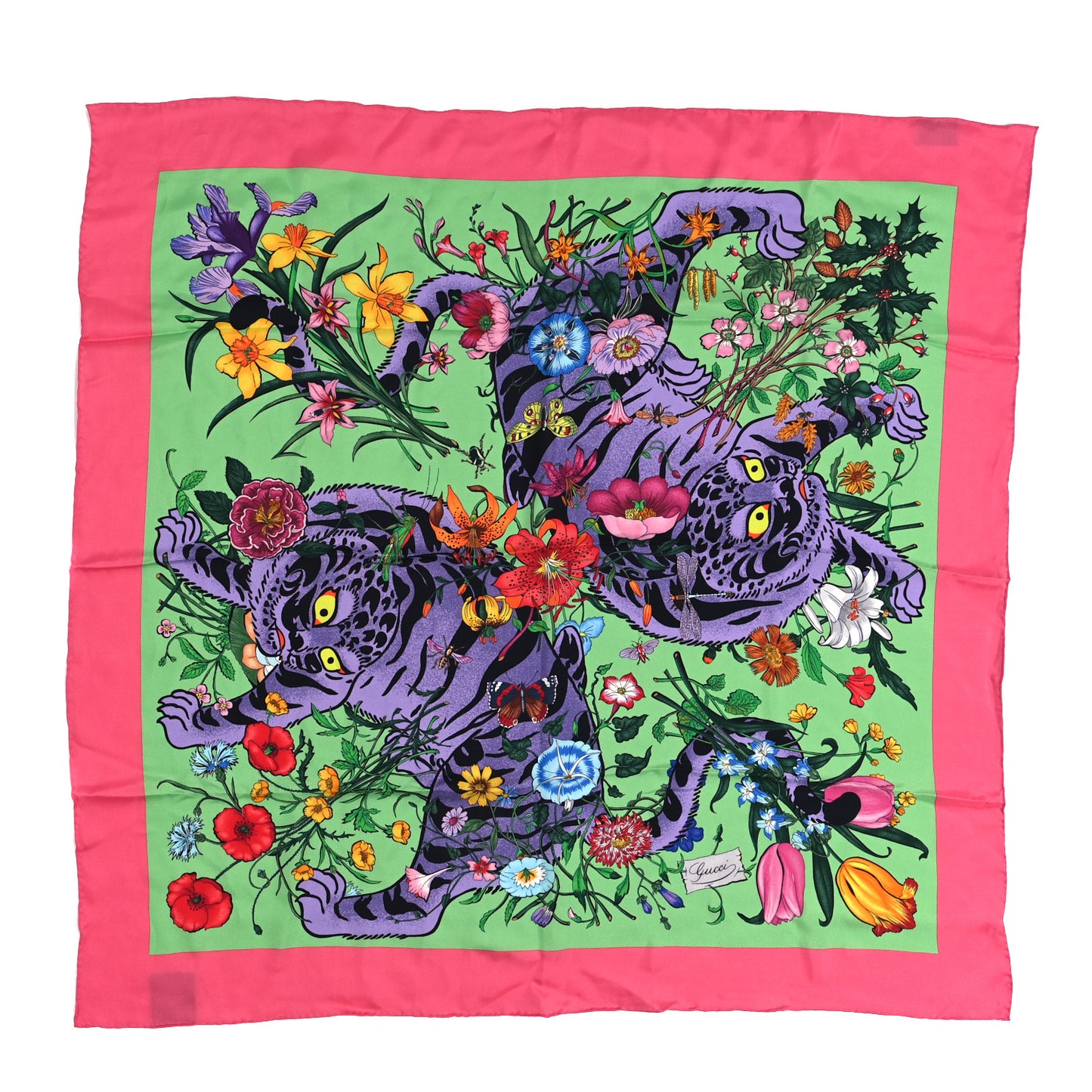 Silk Floral Tiger Square Scarf Pink