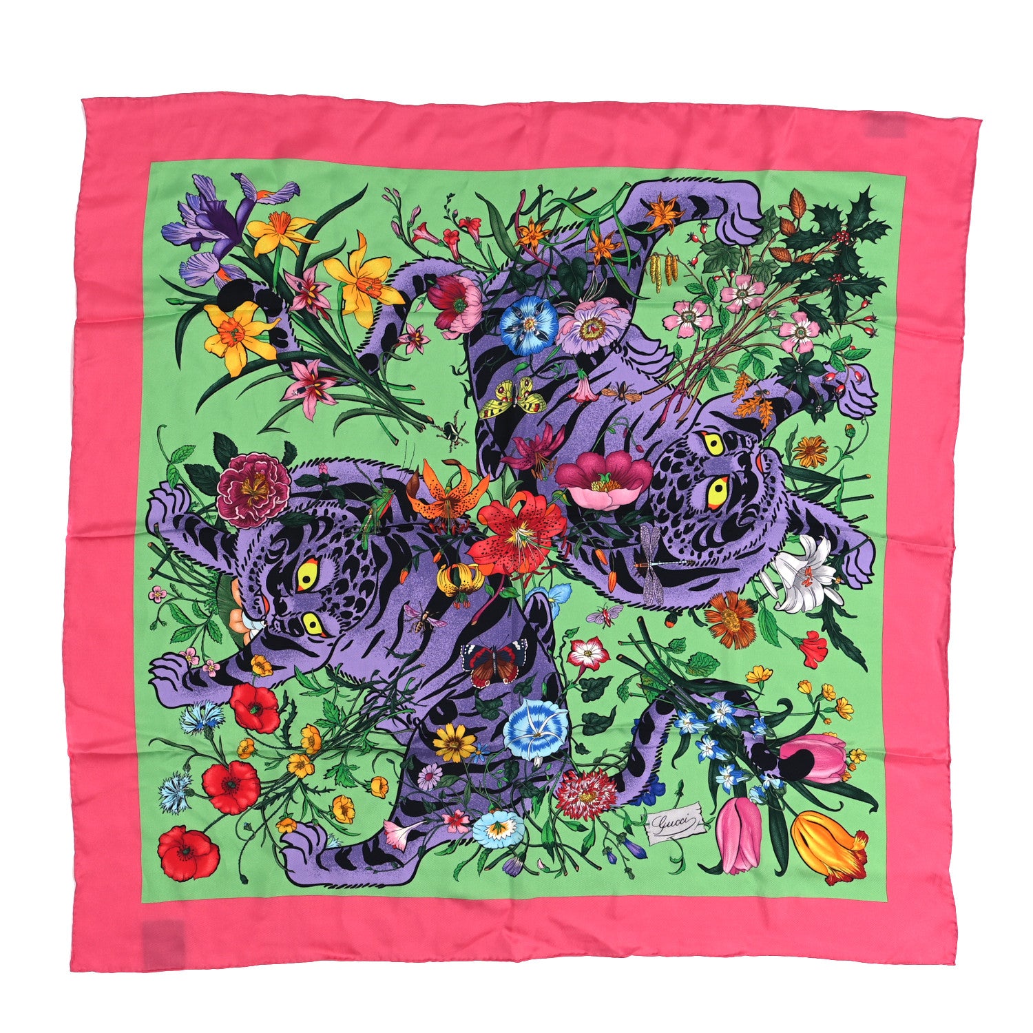Gucci Silk Floral Tiger Square Scarf Pink 1 of 3