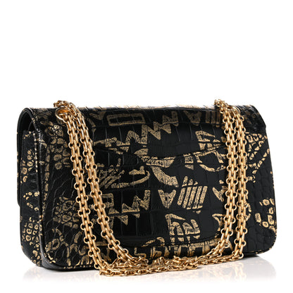 Chanel Calfskin Crocodile Embossed Graffiti 2.55 Cocodile Reissue 225 Flap Black Gold 3 of 13
