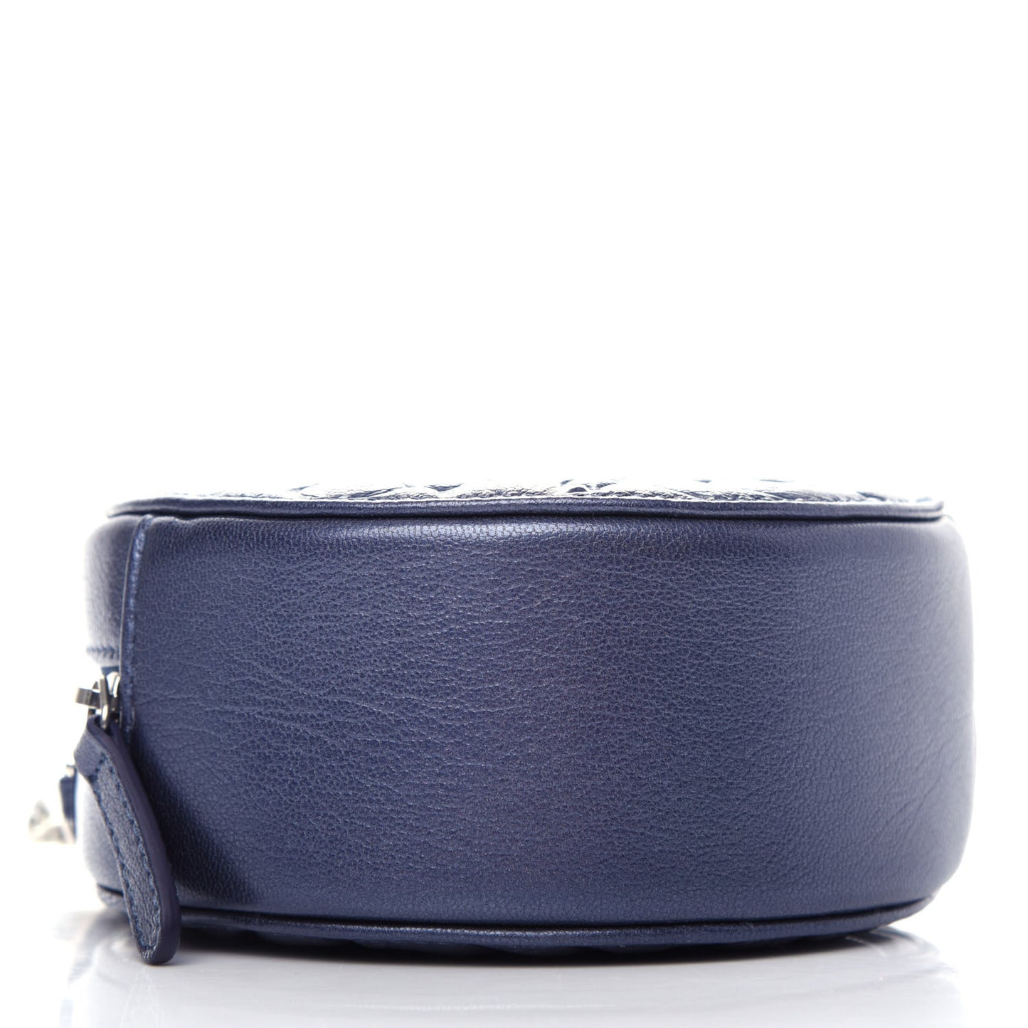 Goatskin Camellia Embossed Round Clutch With Chain Dark Blue