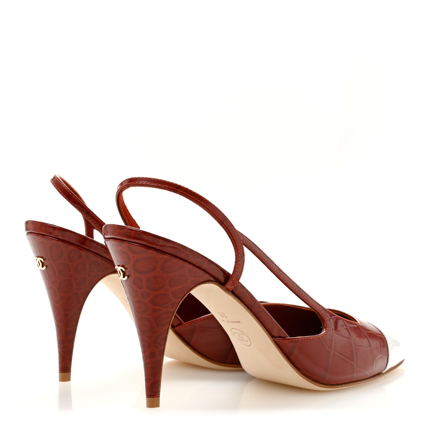 Chanel Calfskin Crocodile Embossed Patent Cap Toe Slingback Pumps 39 Dark Red White 5 of 10