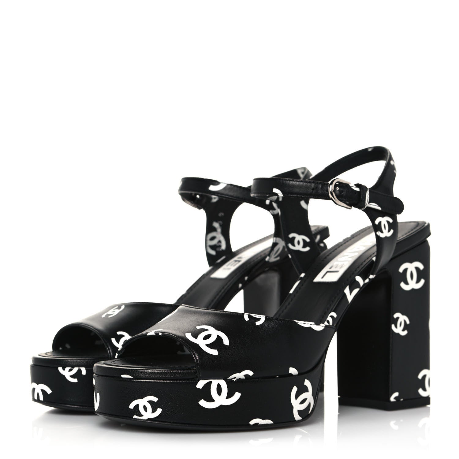 Chanel Printed Lambskin CC Platform Sandals 38 Black White 3 of 8