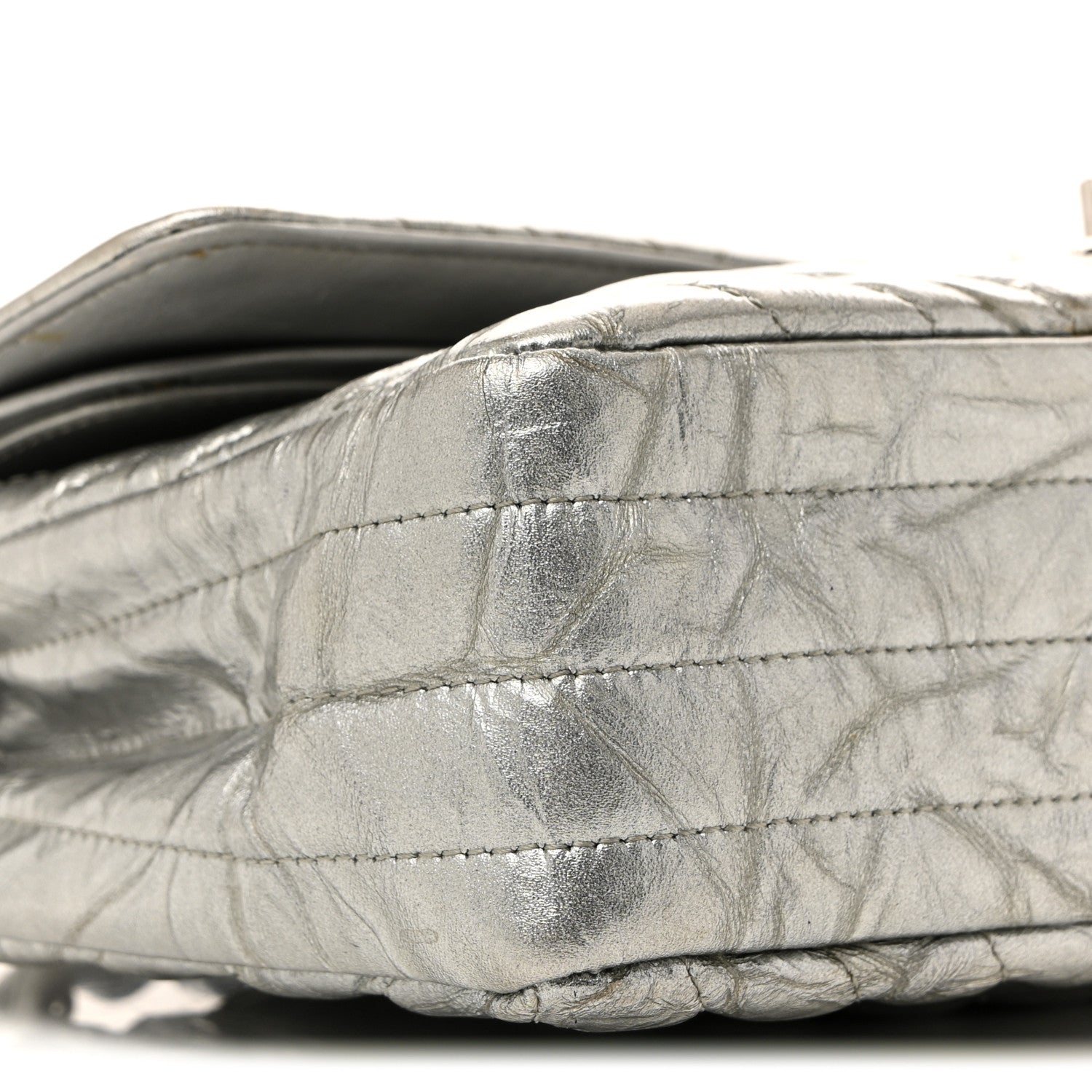 Chanel Metallic Patent Crumpled Calfskin Chevron Quilted Medium Double Flap Silver 9 of 15
