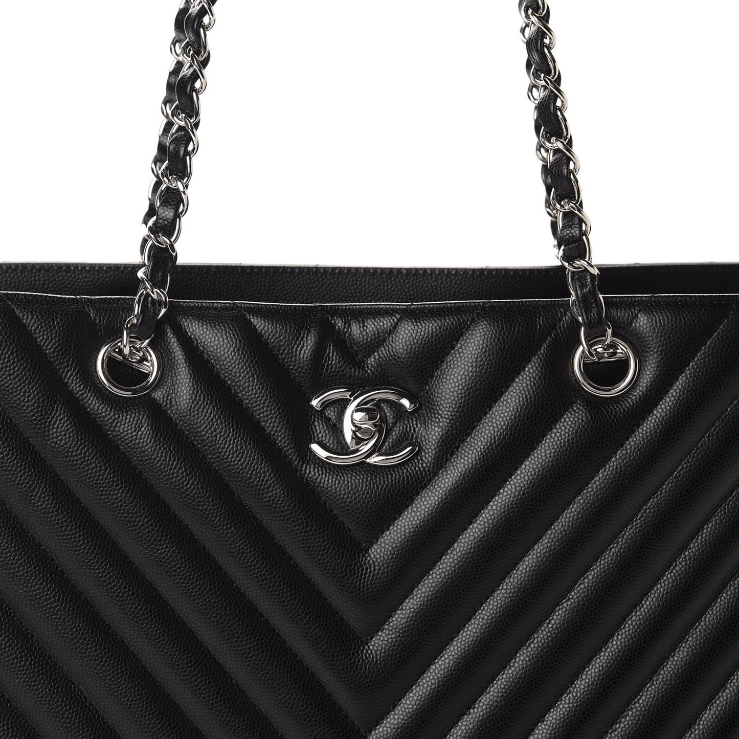 Caviar Chevron Quilted Large Shopping Tote Black