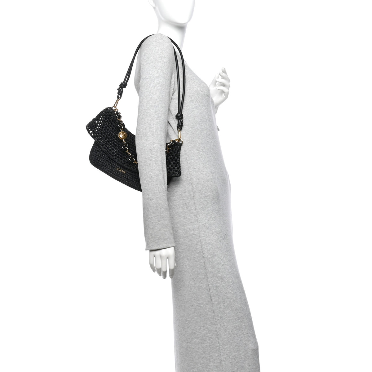 Raffia Donut Chain Medium Ola Shoulder Bag Black