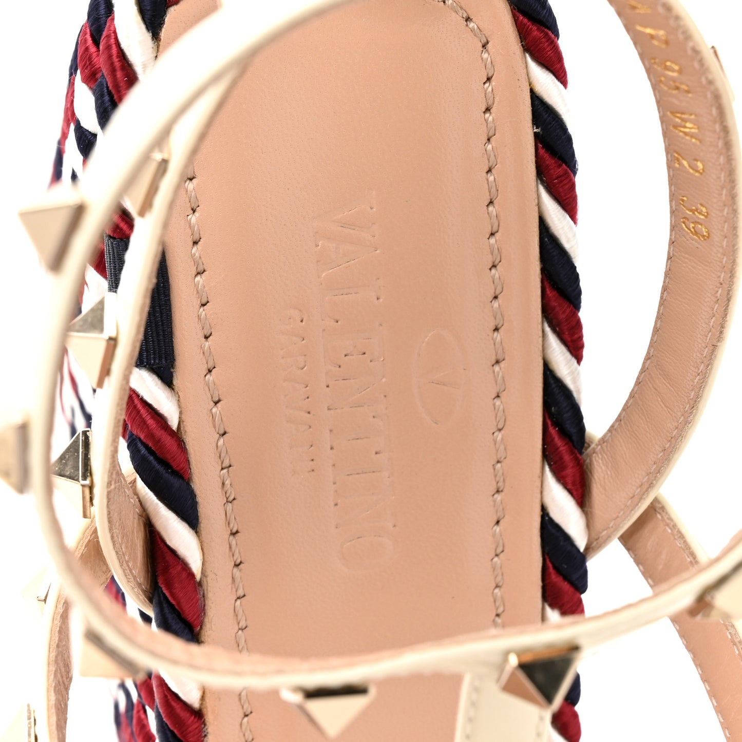 Patent Rockstud Ankle Strap Torchon Espadrille Caged 25/95mm Wedge Sandals 39 Light Ivory