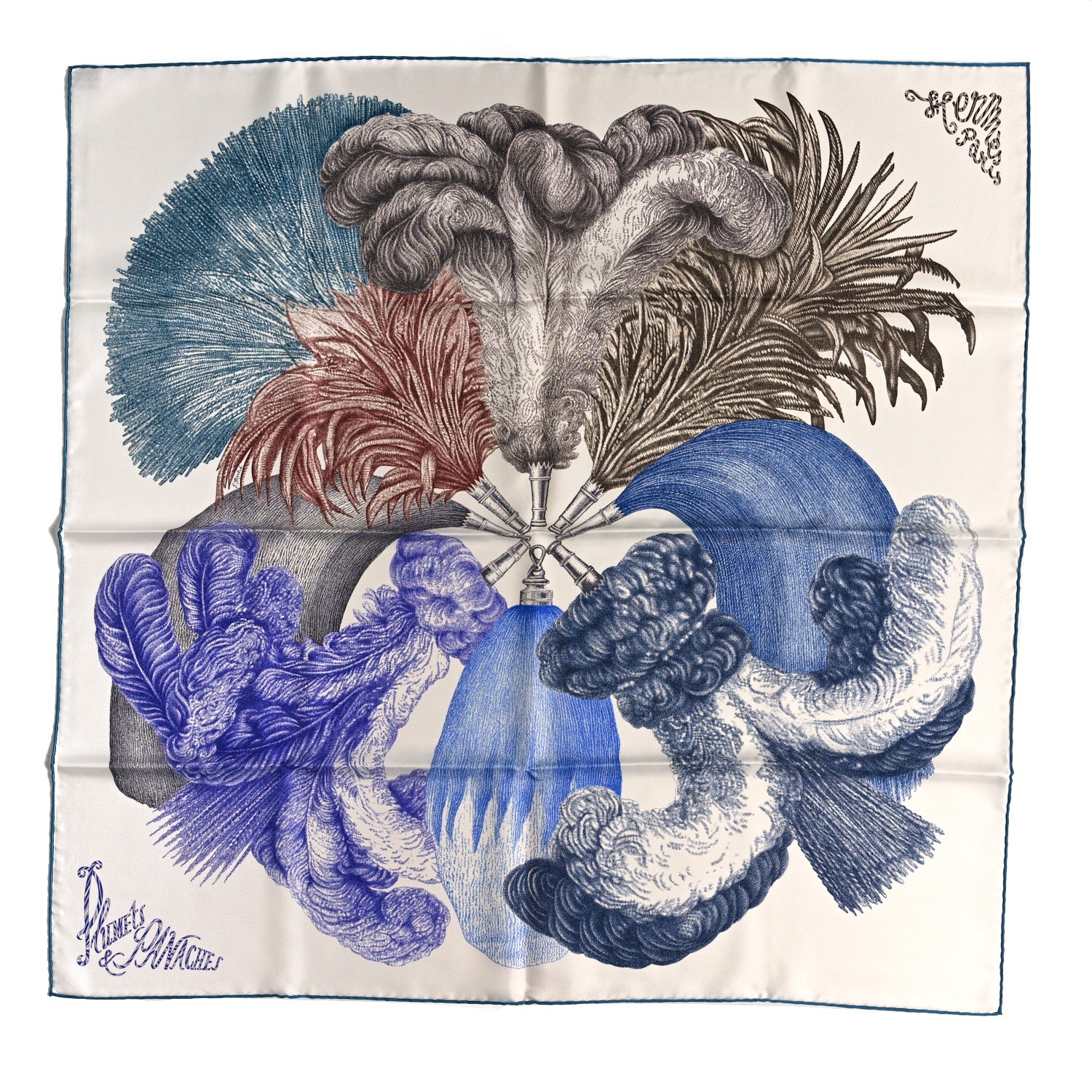 Hermes Silk Plumets Et Panaches Scarf 90 White Bleu Brun 1 of 4