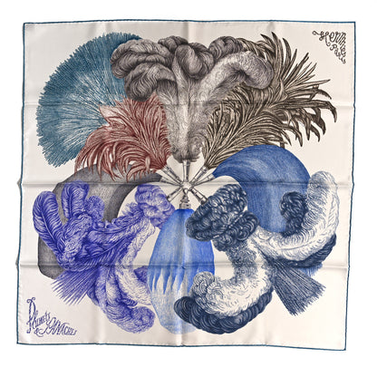 Hermes Silk Plumets Et Panaches Scarf 90 White Bleu Brun 1 of 4