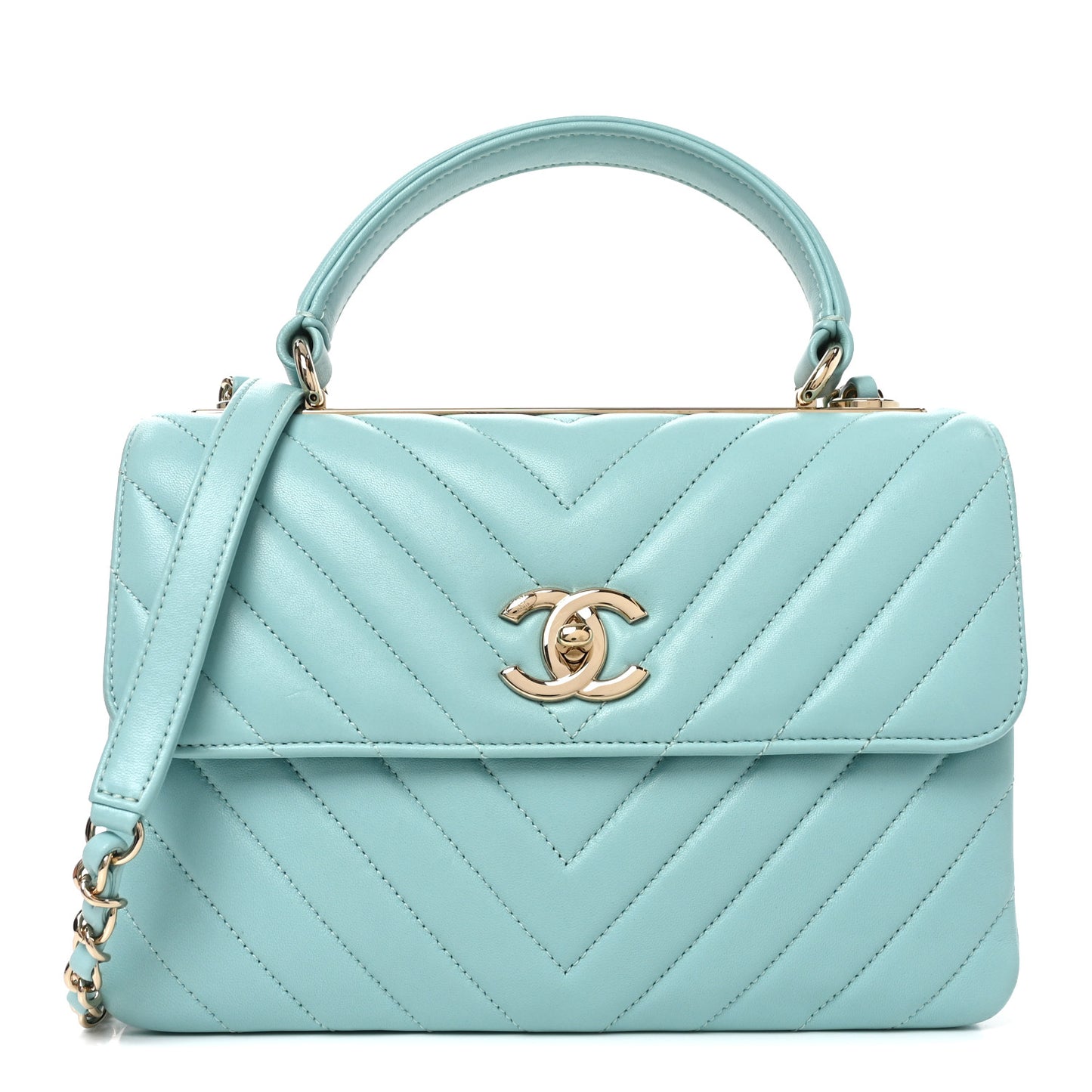 Lambskin Chevron Quilted Small Trendy CC Flap Dual Handle Bag Light Green