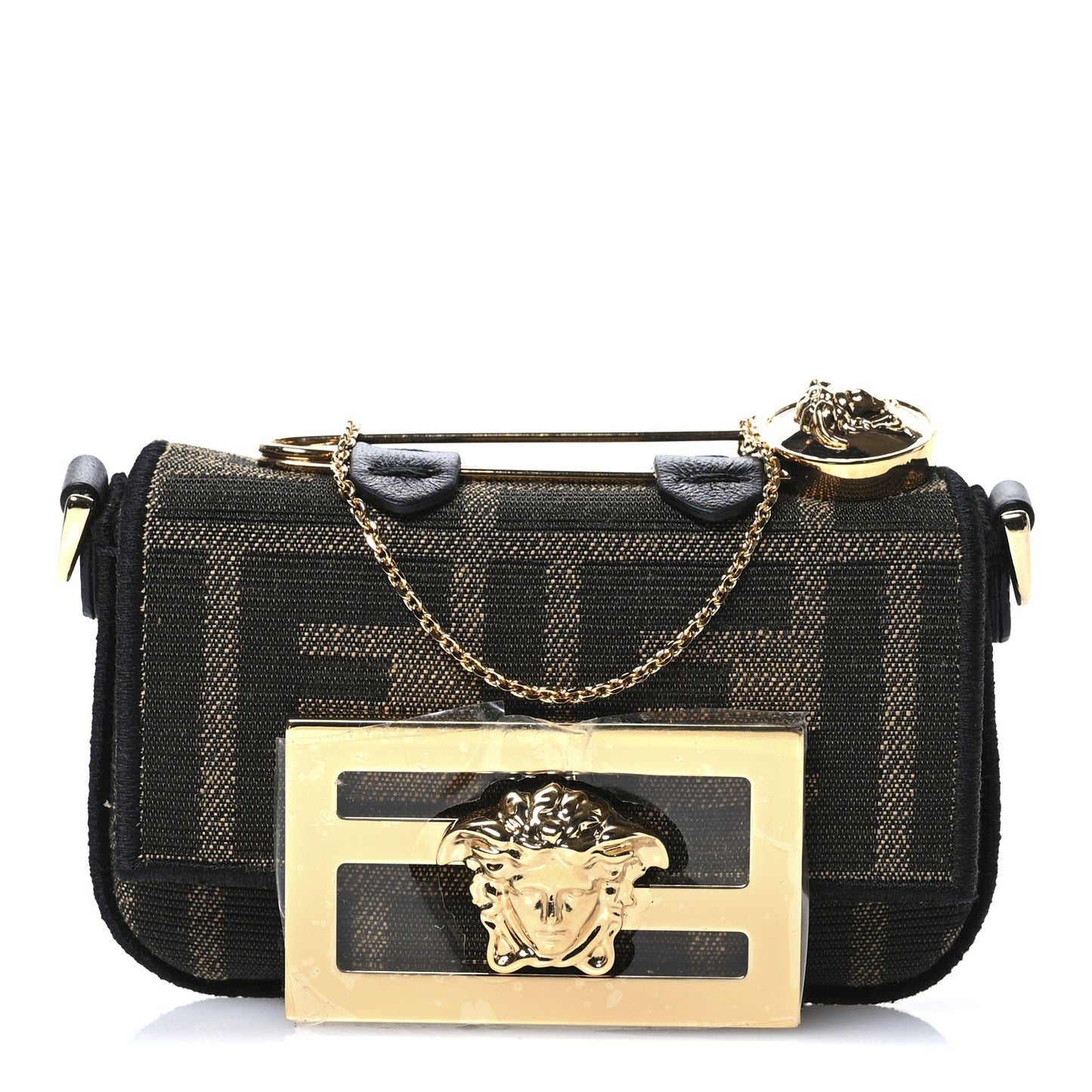 X VERSACE Fabric Jacquard Fendace FF Nano Brooch Baguette Tobacco Black