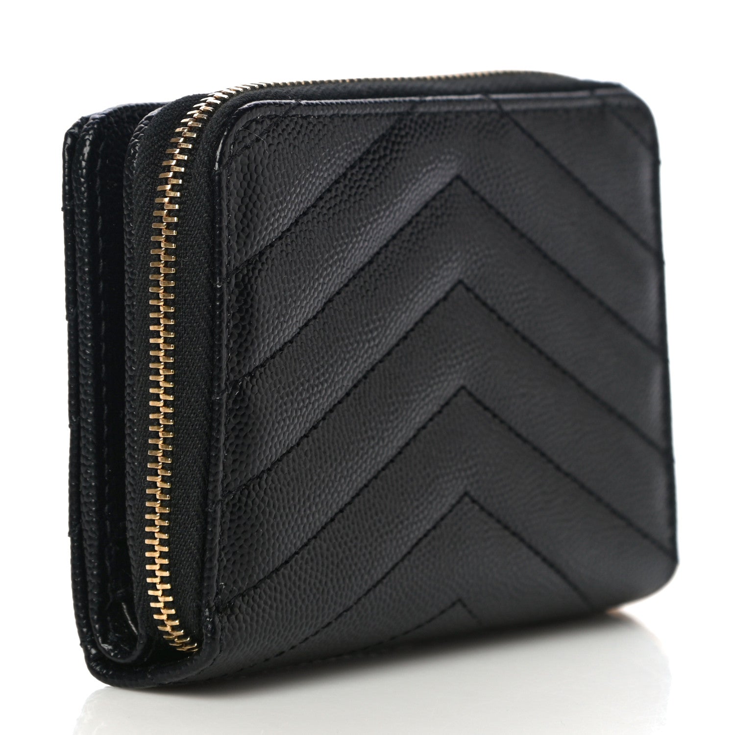 Saint Laurent Grain De Poudre Matelasse Chevron Monogram Compact Zip Around Wallet Black 3 of 11