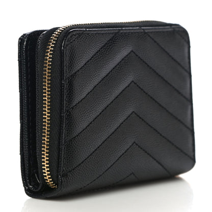 Saint Laurent Grain De Poudre Matelasse Chevron Monogram Compact Zip Around Wallet Black 3 of 11