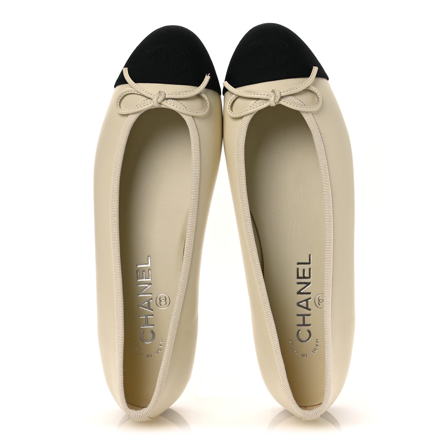 Calfskin Grosgrain Cap Toe CC Ballerina Flats 37 Ivory Black