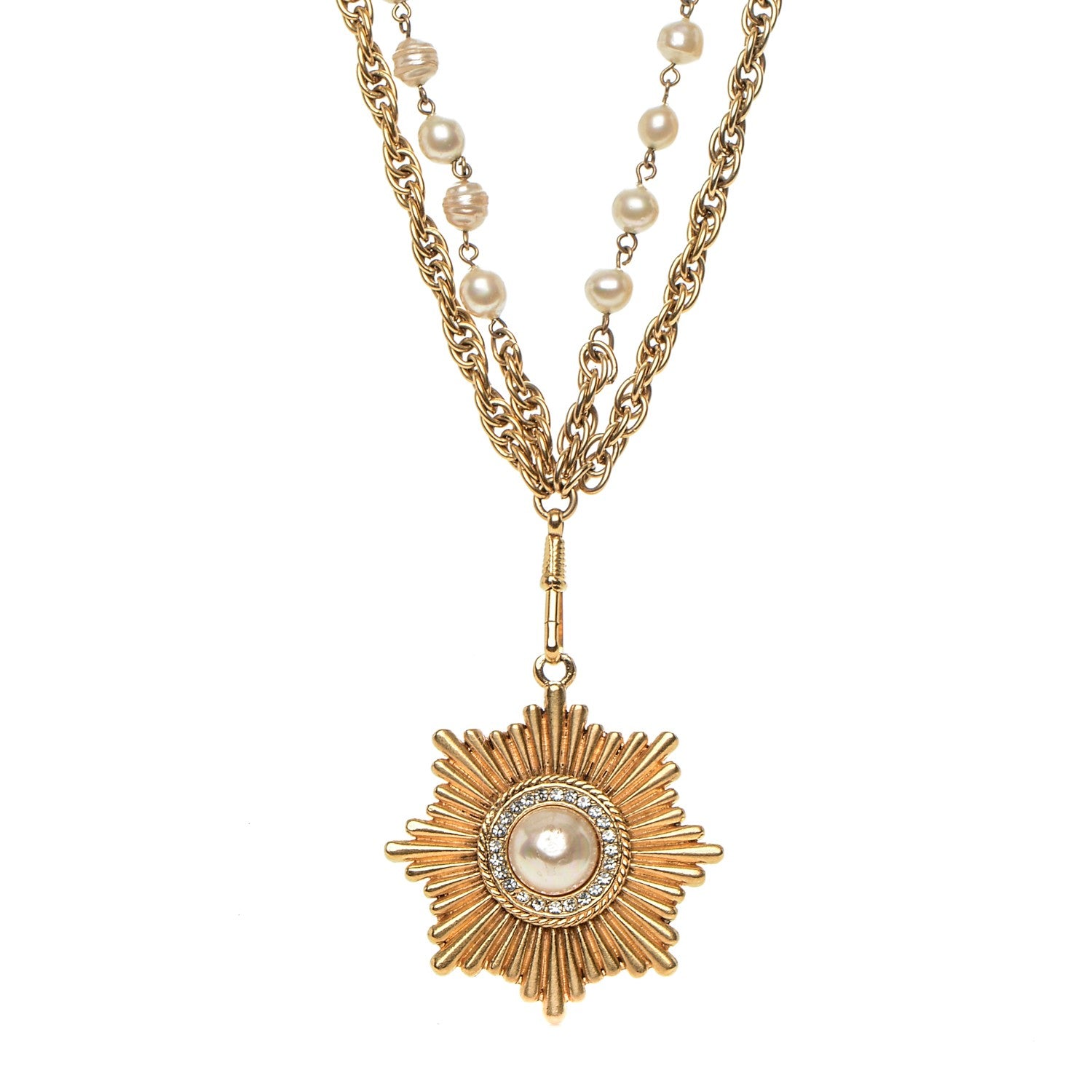 Chanel Pearl Crystal Necklace Gold 1 of 8