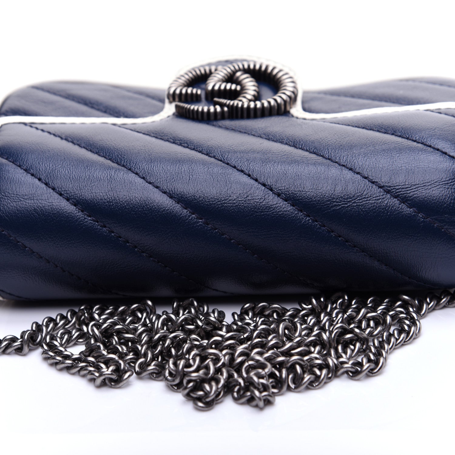 Gucci Vintage Effect Calfskin Matelasse Diagonal Super Mini Torchon GG Marmont Shoulder Bag Blue Agata Mystic White 11 of 15