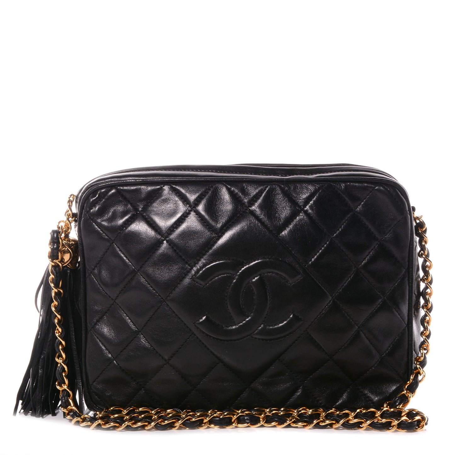 Lambskin Quilted Tassel Camera Case Black
