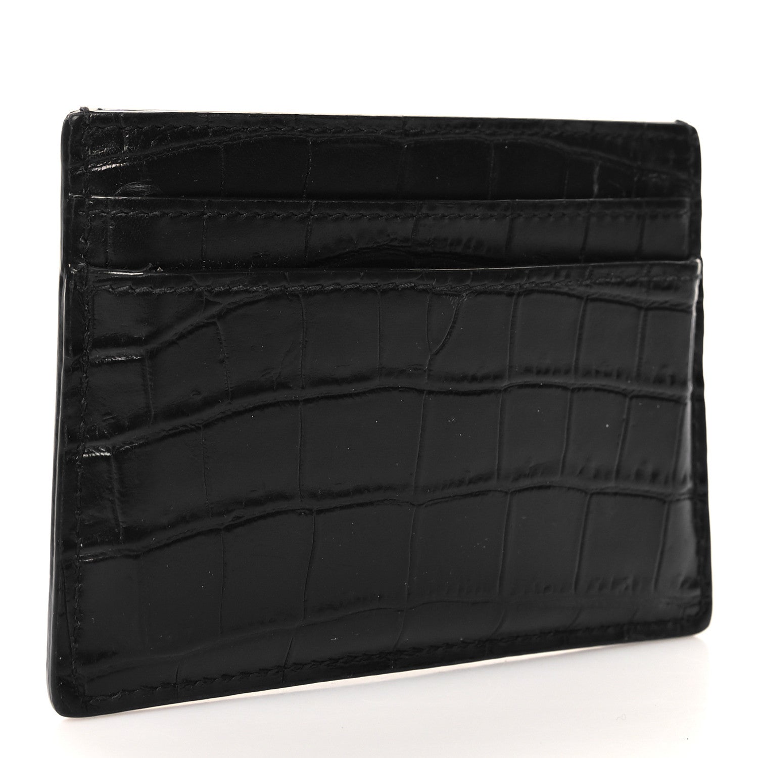 Saint Laurent Calfskin Crocodile Embossed Monogram Tiny Cassandra Credit Card Case Black 3 of 10