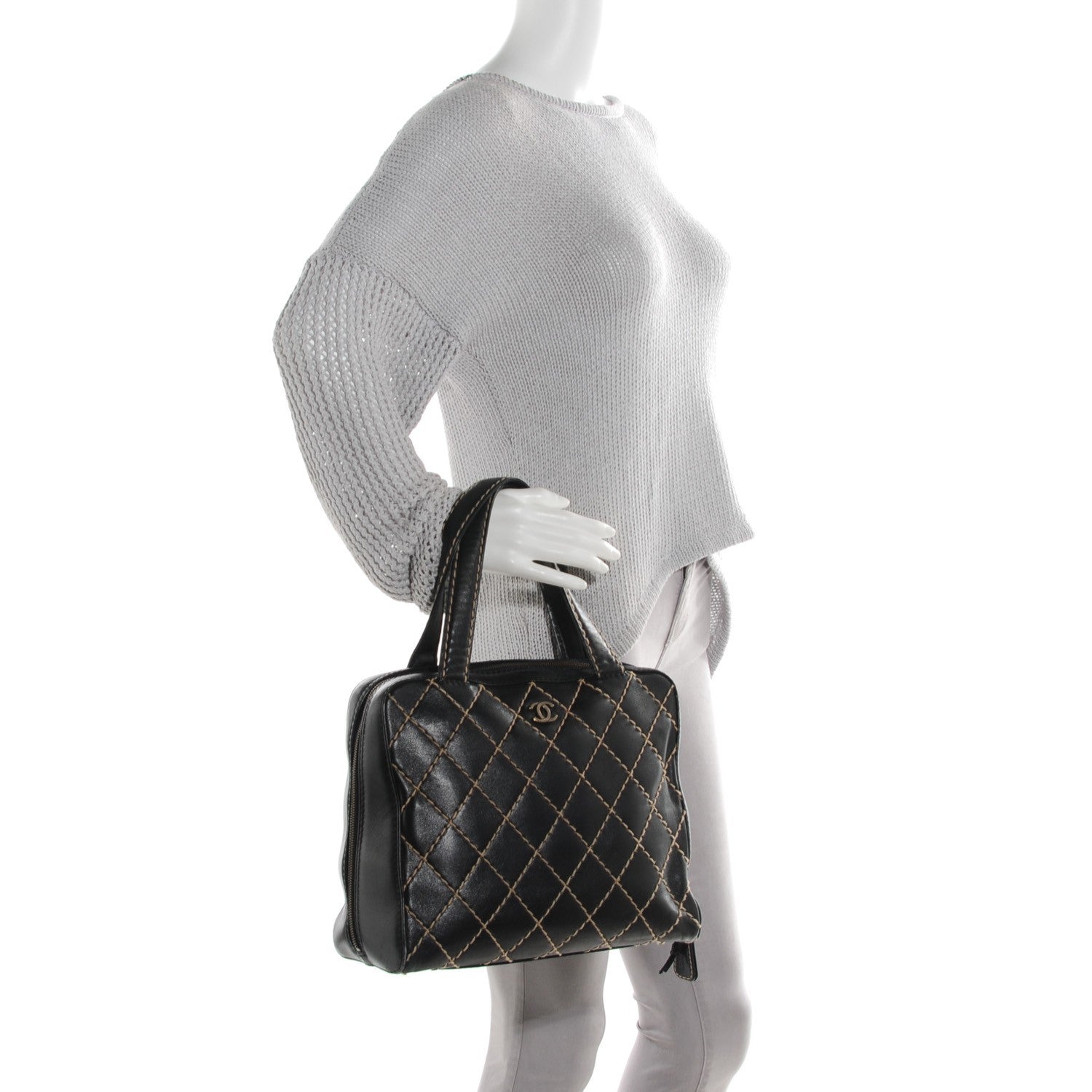 Chanel Leather Contrast Stitch Surpique Bowler Black 2 of 9