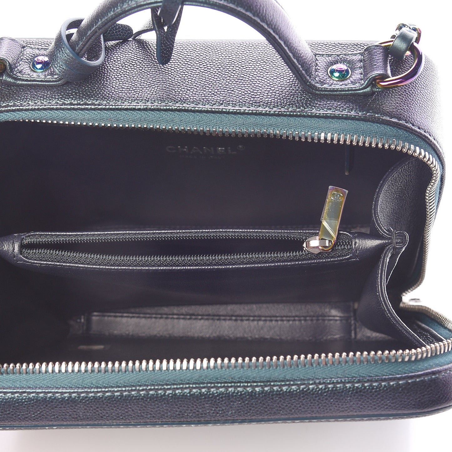 Iridescent Caviar Quilted Medium CC Filigree Vanity Case Dark Turquoise