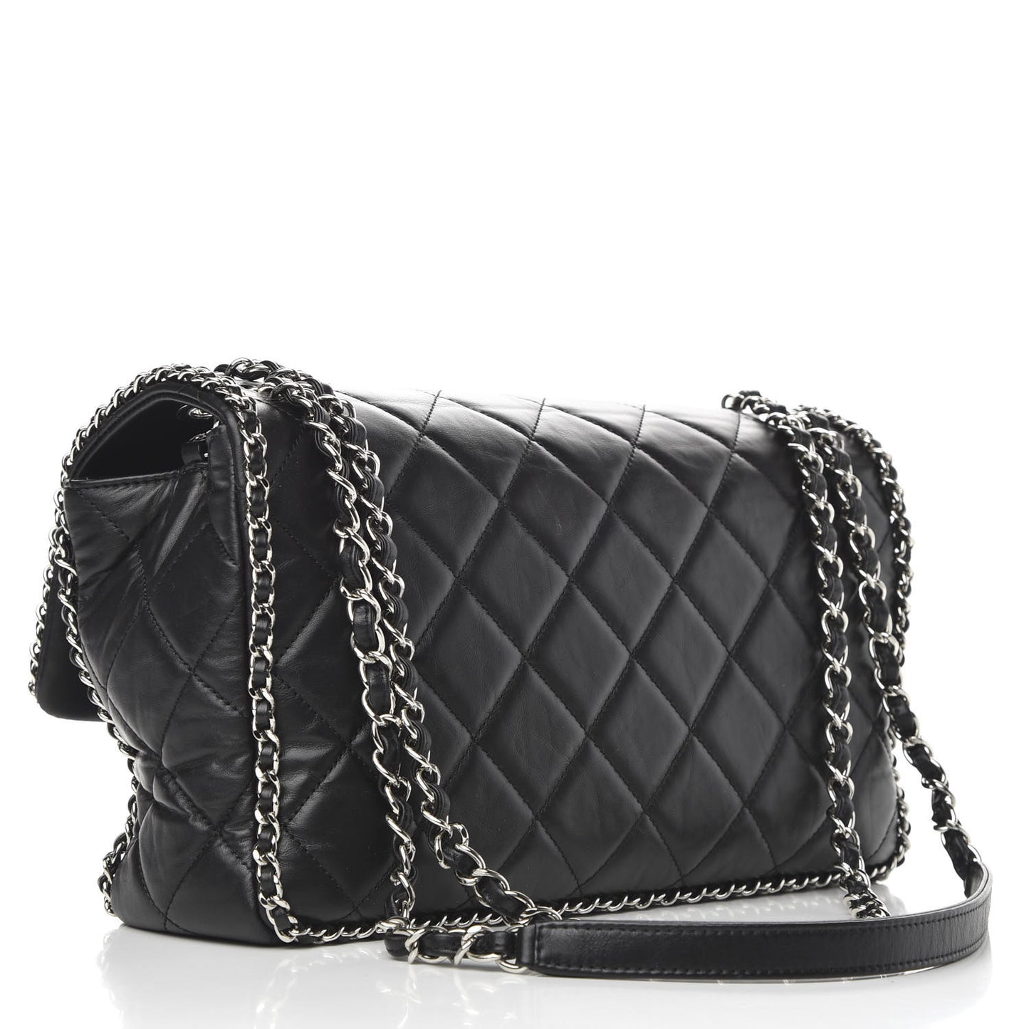 Crumpled Calfskin Quilted Large Chain All Over Flap Bag Black