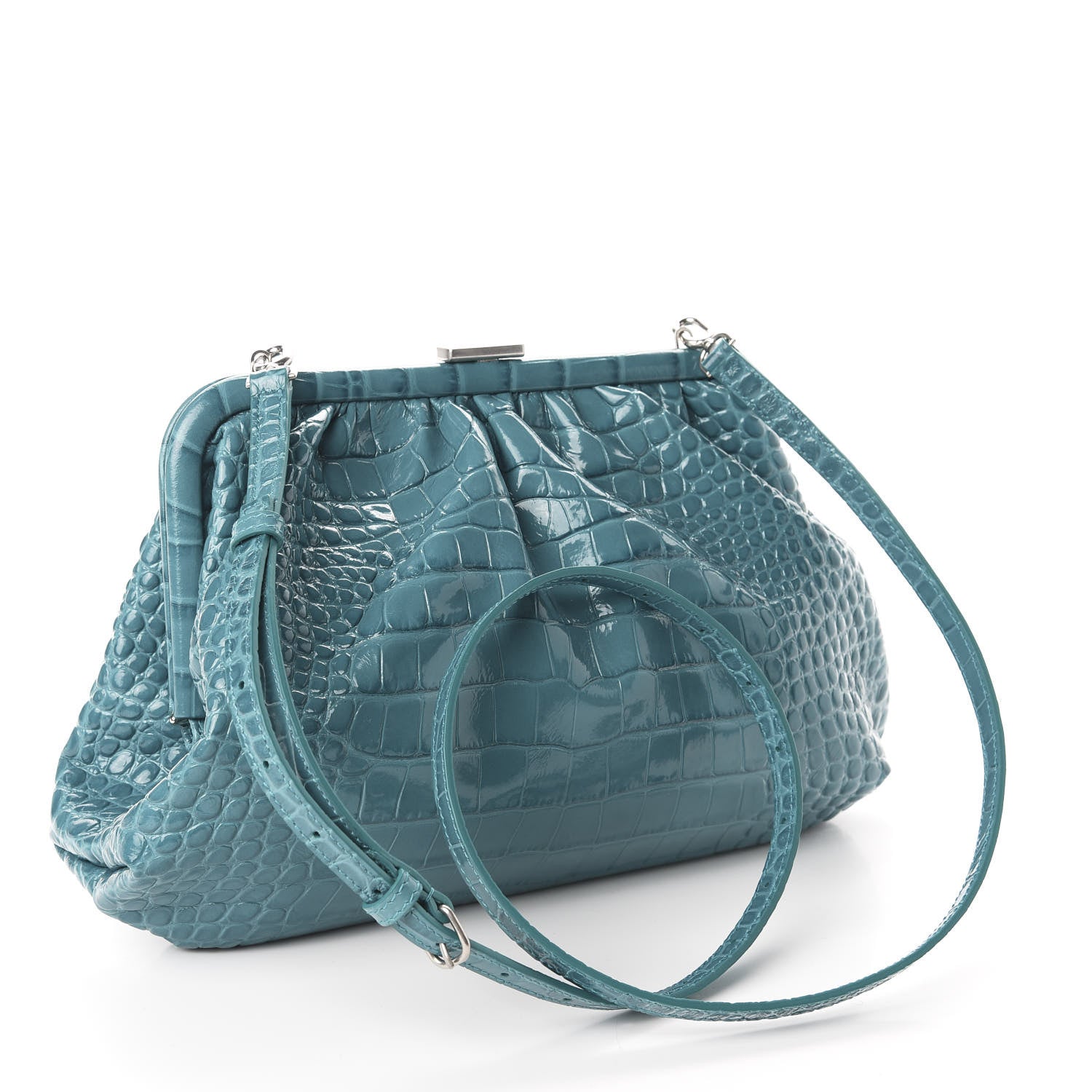 Balenciaga Shiny Supple Calfskin Logo Crocodile Embossed Cloud Crossbody Bag Jade Black 3 of 10