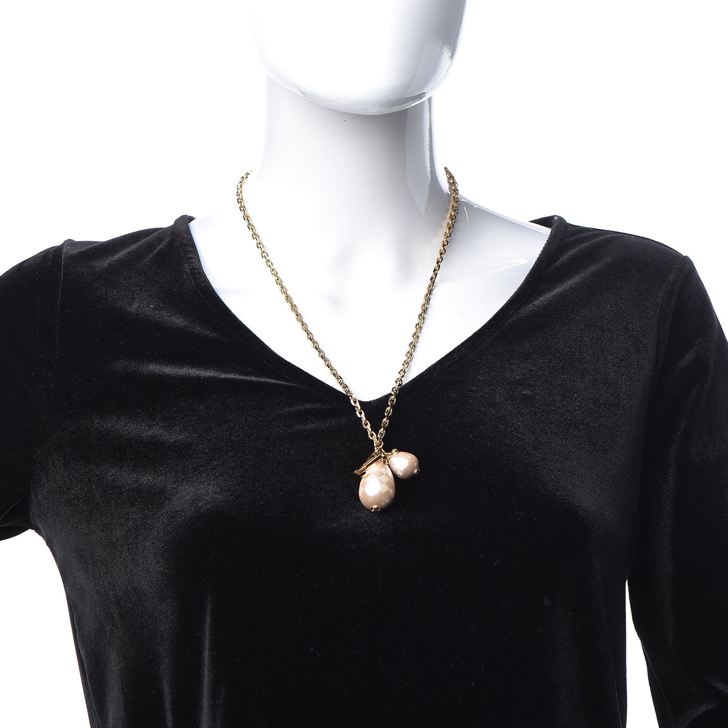 Damier Monogram Pearl Pendant Necklace Gold