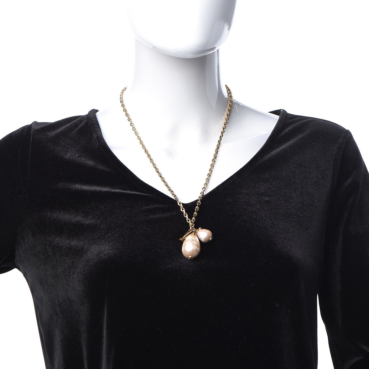 Louis Vuitton Damier Monogram Pearl Pendant Necklace Gold 2 of 6