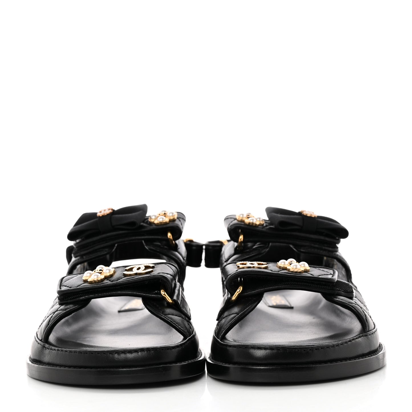 Lambskin Velcro CC Pearl Bow Dad Sandals 39 Black