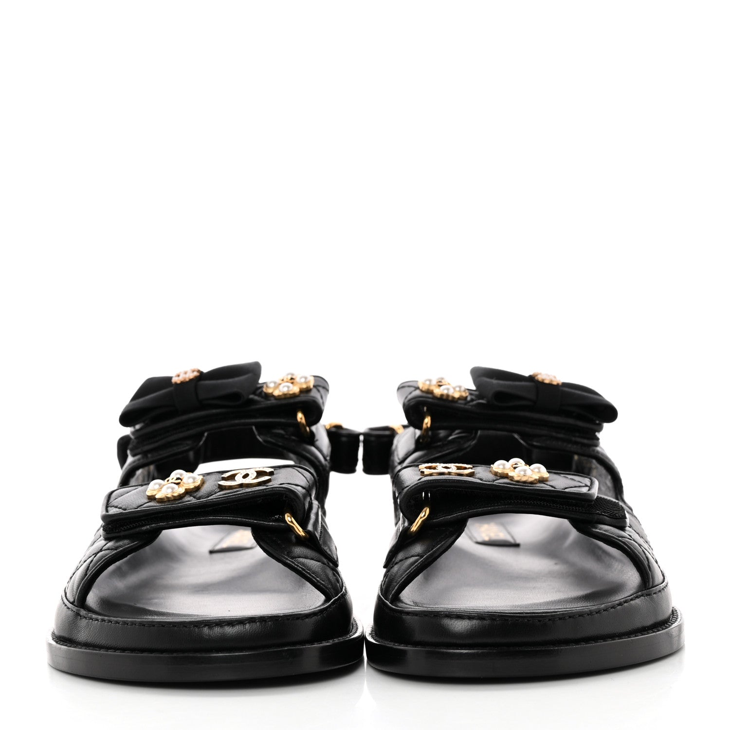 Chanel Lambskin Velcro CC Pearl Bow Dad Sandals 39 Black 2 of 12