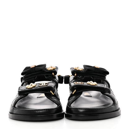 Chanel Lambskin Velcro CC Pearl Bow Dad Sandals 39 Black 2 of 12