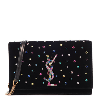Saint Laurent Velvet Crystal Embellished Monogram Kate Chain Wallet Black 1 of 7