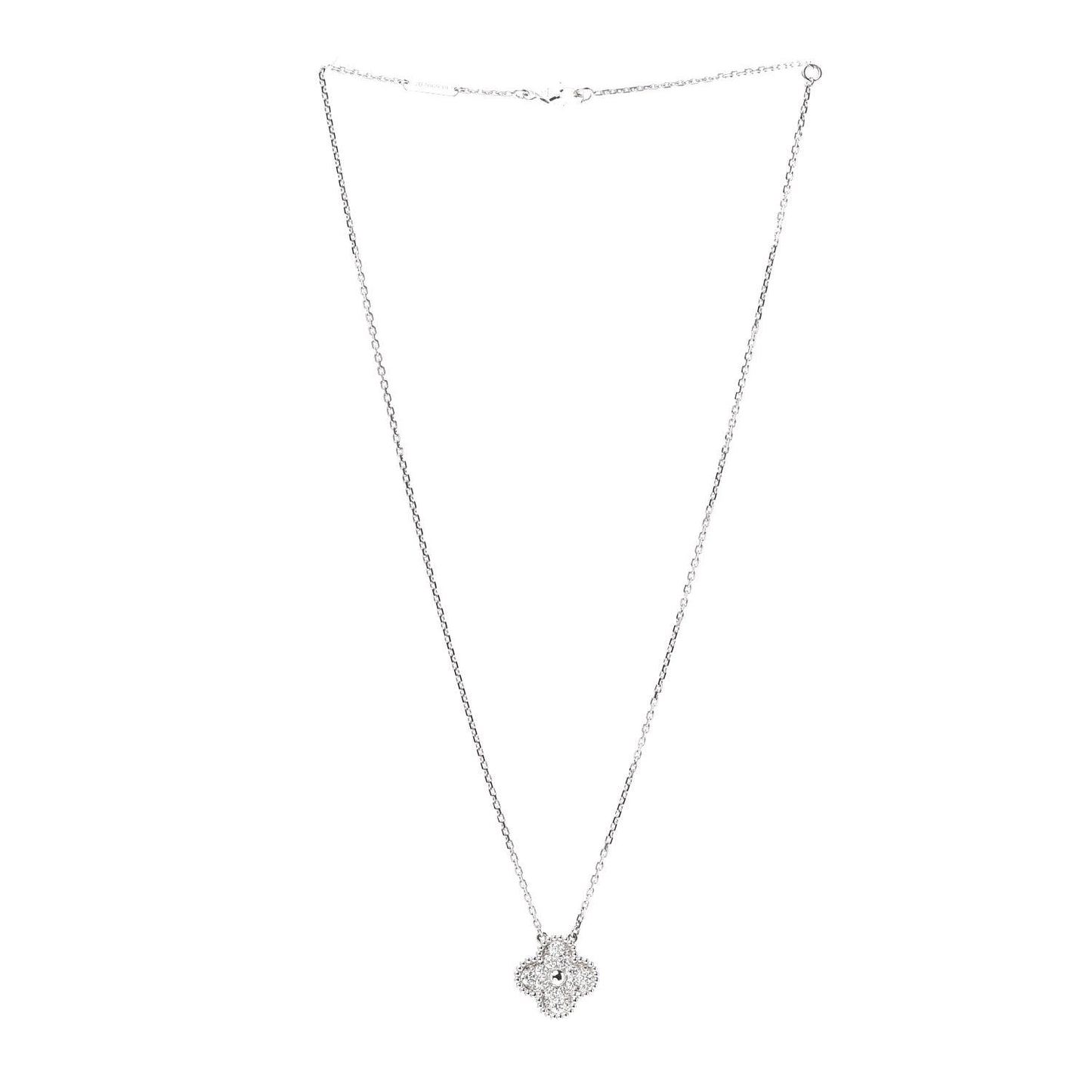 18K White Gold Diamond Vintage Alhambra Pendant Necklace