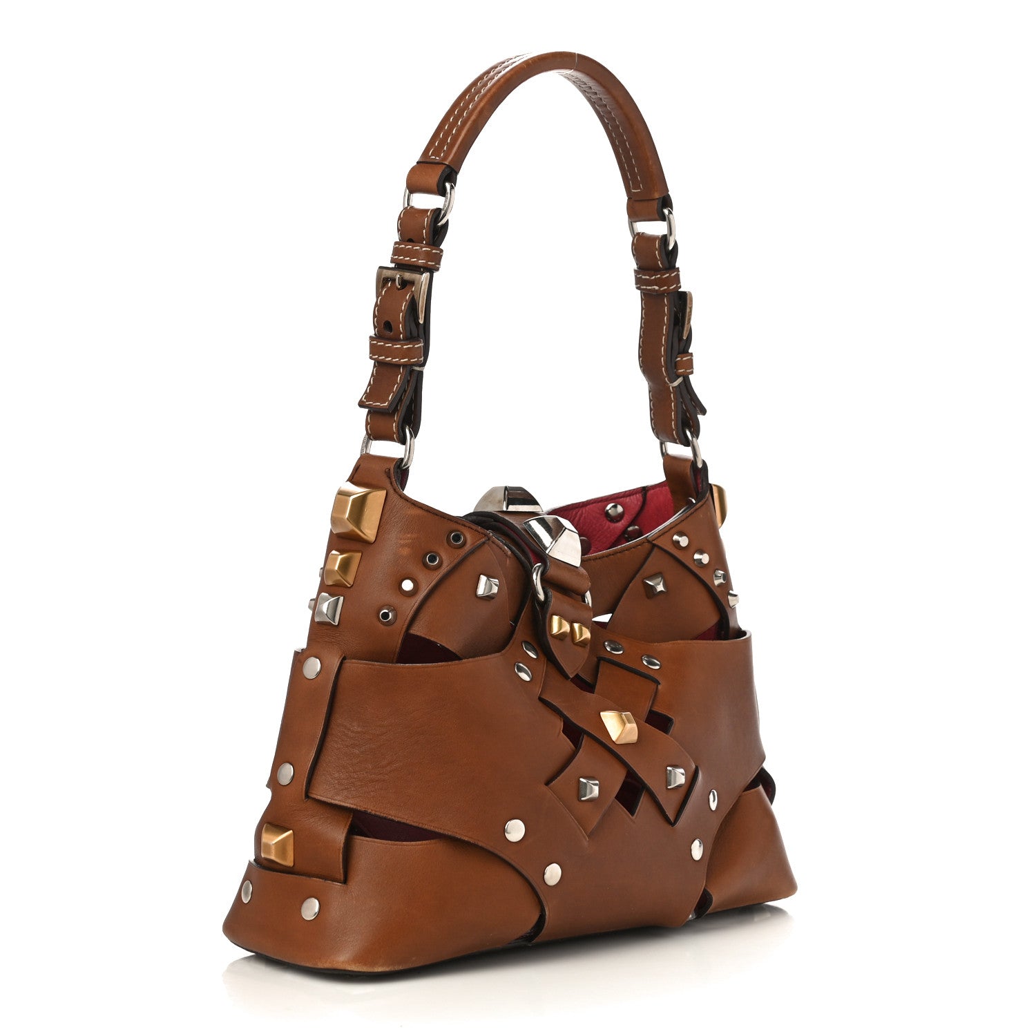 Prada Woven Studded Lattice Shoulder Bag Brown 3 of 9
