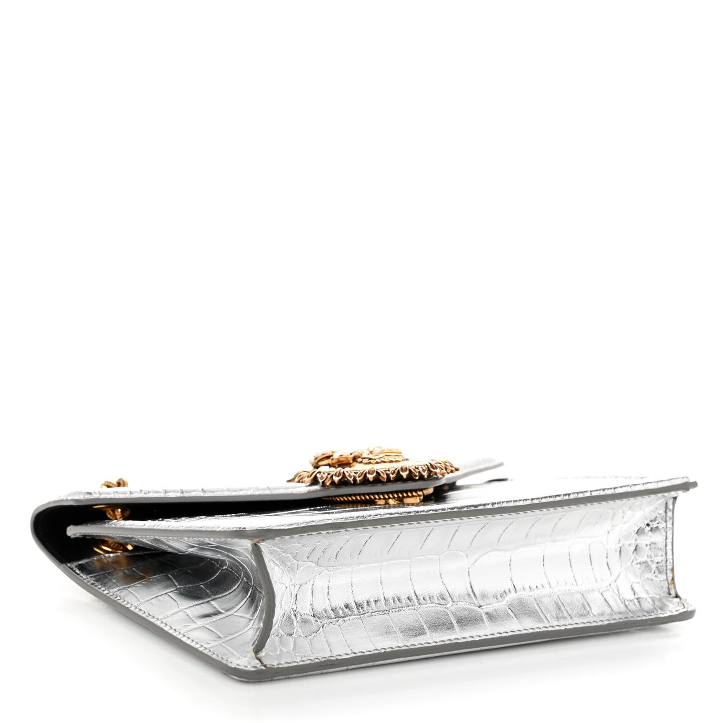 Metallic Calfskin Crocodile Embossed Mini Devotion Envelope Bag Silver