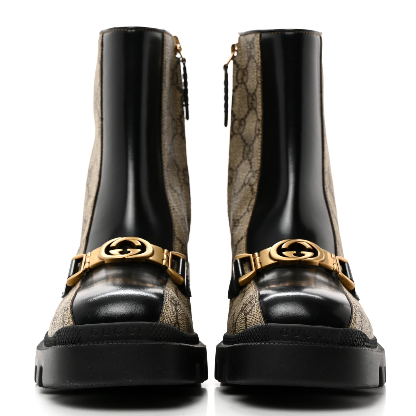 GG Supreme Monogram Magnum Calfskin Interlocking G Womens Lug Sole Ankle Boots 35.5 Beige Ebony Black