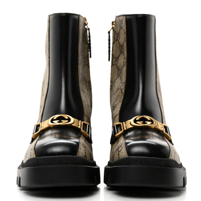 Gucci GG Supreme Monogram Magnum Calfskin Interlocking G Womens Lug Sole Ankle Boots 35.5 Beige Ebony Black 2 of 10