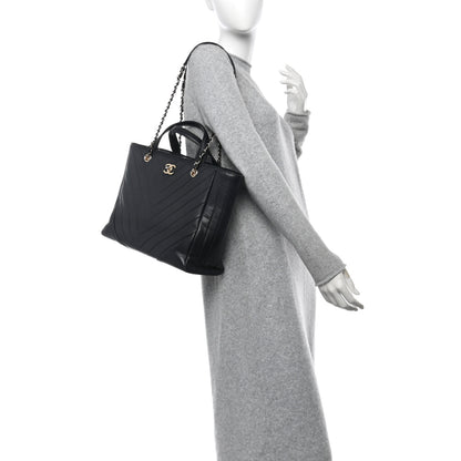 Chanel Calfskin Chevron Quilted Statement Shopping Tote Black 2 of 10