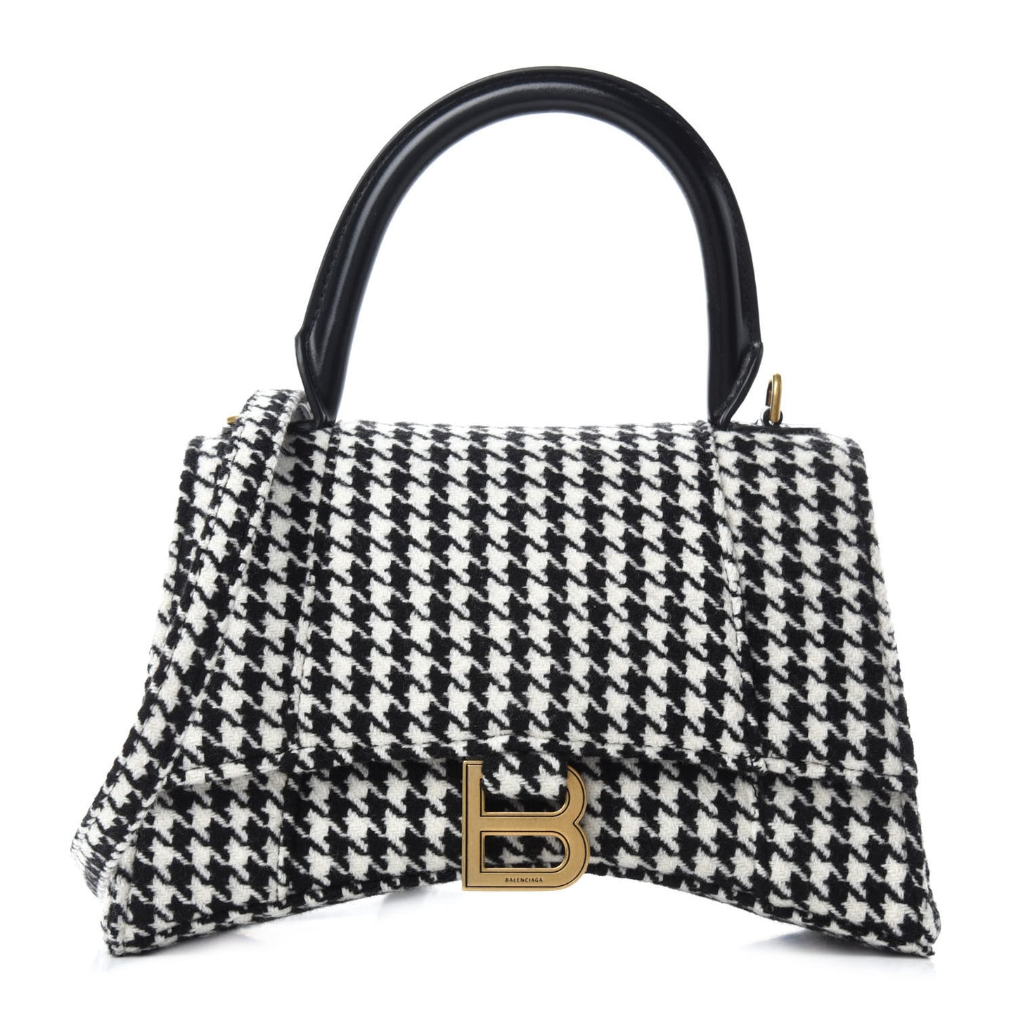 Wool Houndstooth Small Hourglass Top Handle Bag Black White