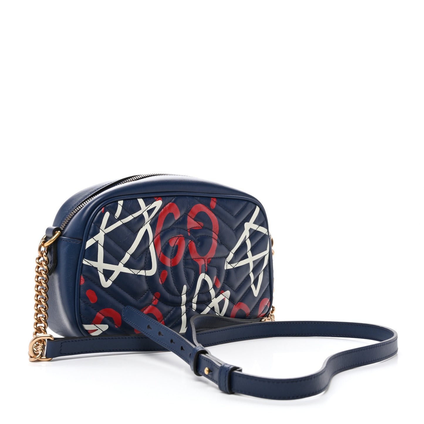 Calfskin Matelasse GucciGhost Small GG Marmont Chain Shoulder Bag Blue Agata Hibiscus Red