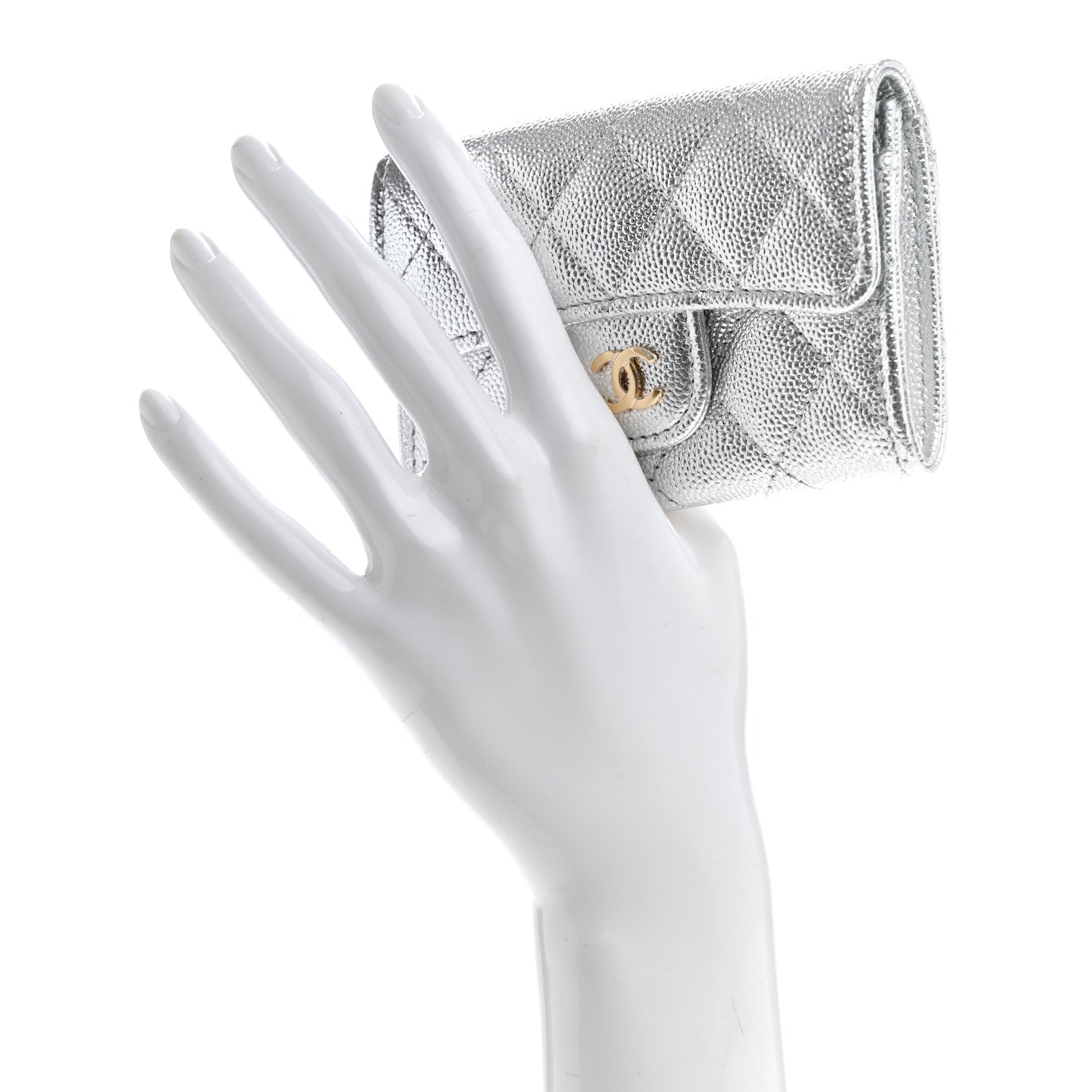 Chanel Metallic Caviar Quilted Flap Card Holder Wallet Silvery 2 of 9