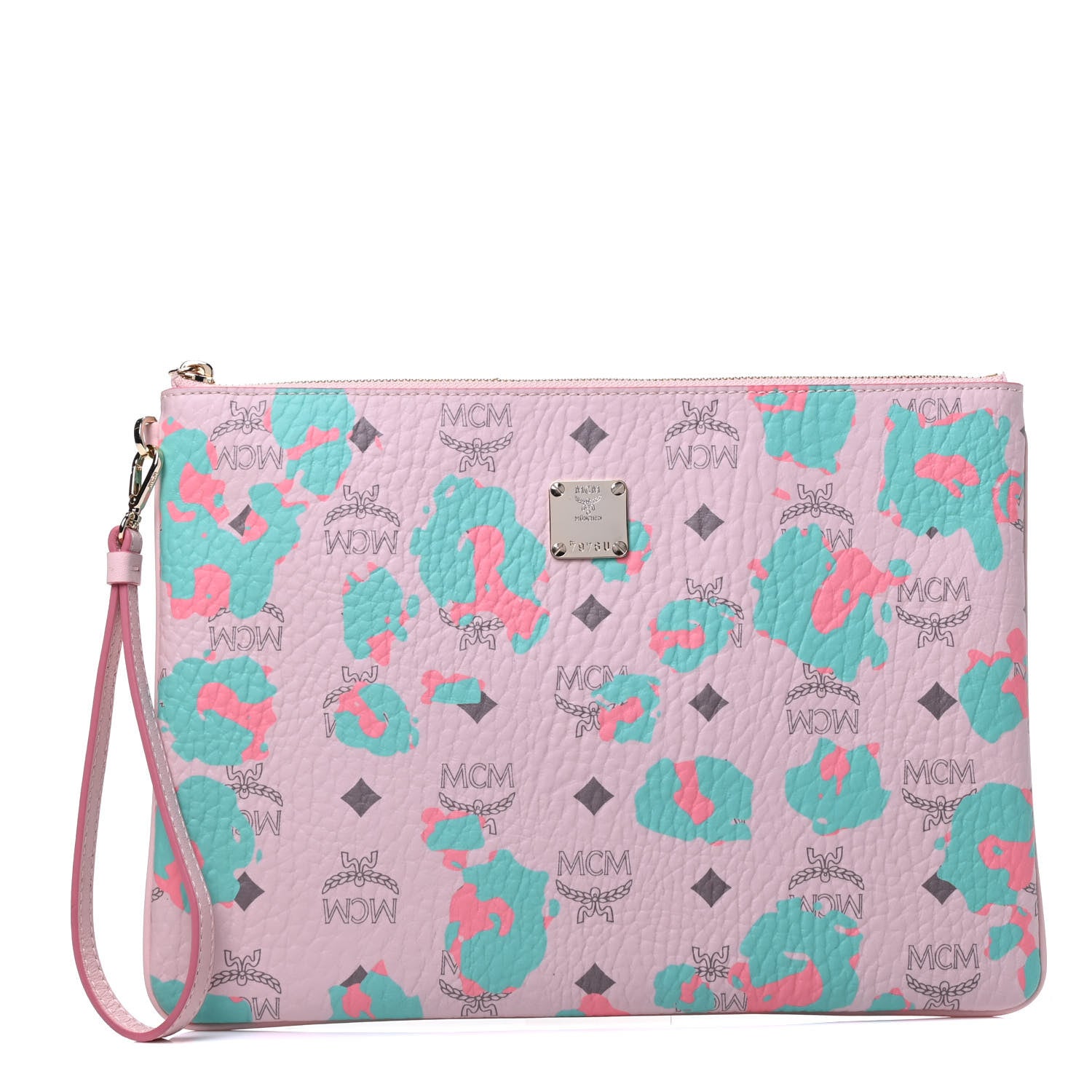 MCM Visetos Floral Leopard Wristlet Zip Pouch Pink 1 of 7