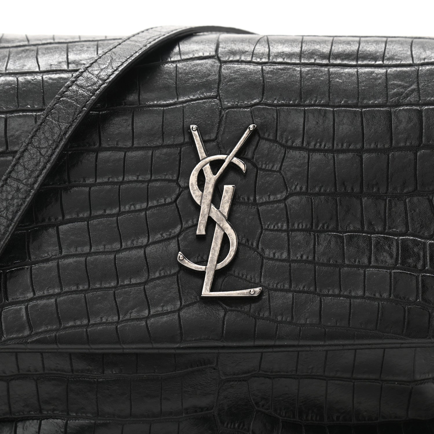 Saint Laurent Calfskin Crocodile Embossed West Hollywood Monogram Fold-Over Bag 7 of 9