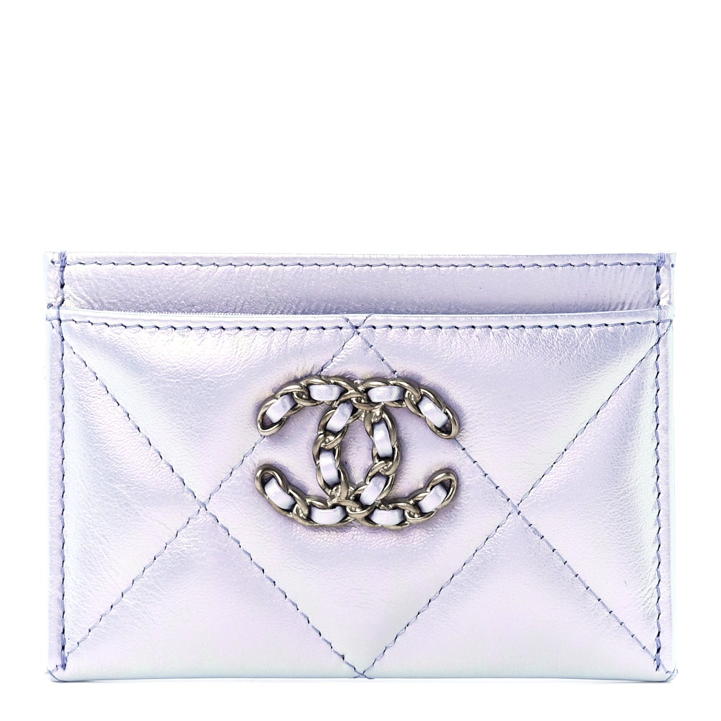 Iridescent Calfskin Quilted Chanel 19 Card Holder Light Purple