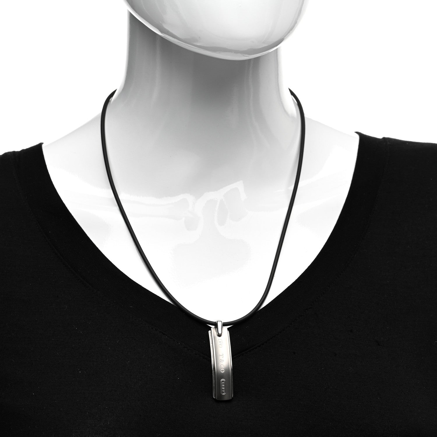 Tiffany Sterling Silver Titanium 1837 Bar Pendant Cord Necklace 2 of 4