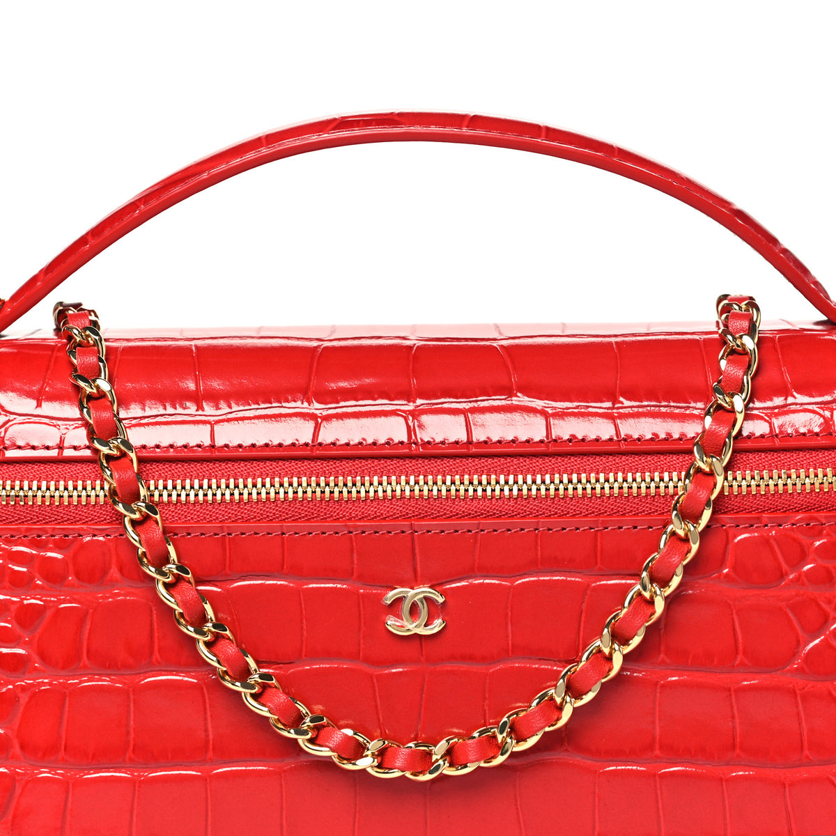 Calfskin Crocodile Embossed Crococo Top Handle East West Vanity Case With Chain Dark Red