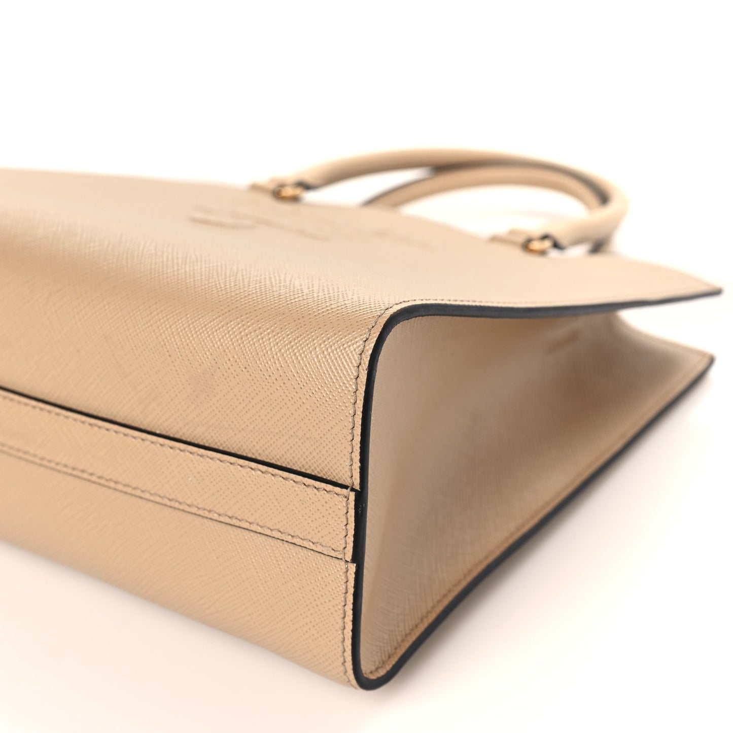 Saffiano Lux Logo Embossed Medium Shoulder Tote Handbag Sabbia