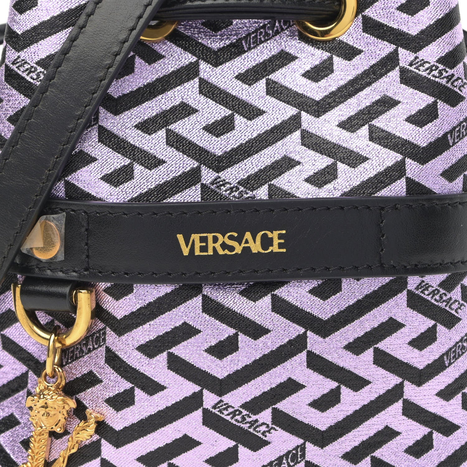 Versace Coated Canvas La Greca Glitter Print Mini Bucket Bag Orchid Black 2 of 11