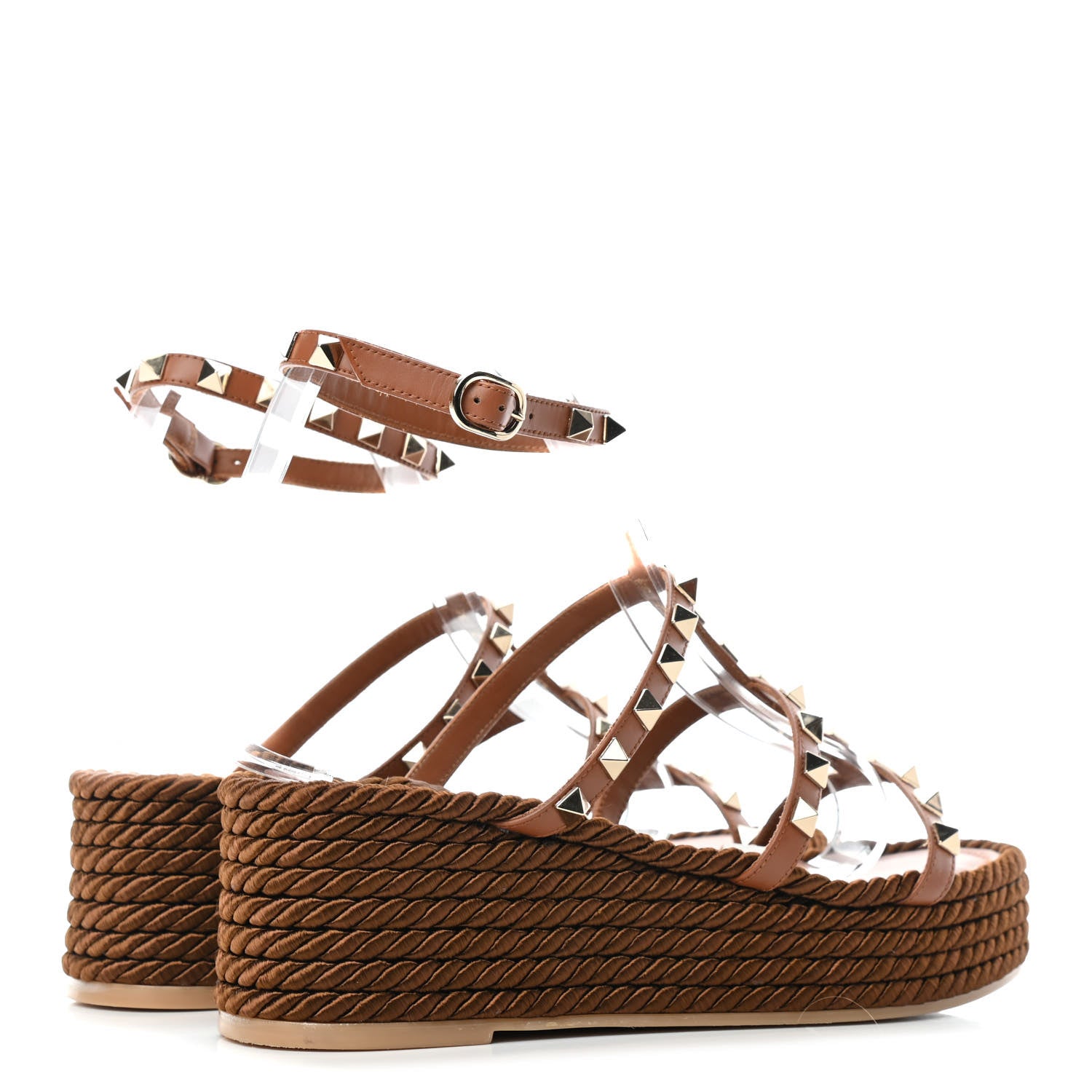 Valentino Garavani Calfskin Rockstud Ankle Strap Torchon Espadrille Caged 30/55mm Sandals 38 Saddle Brown 3 of 5