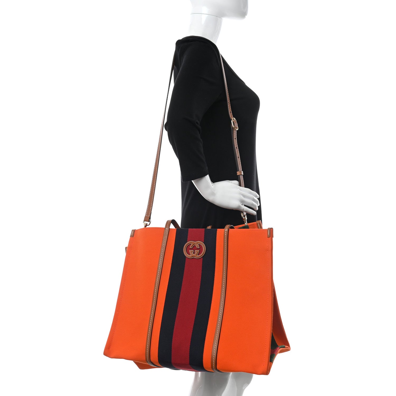 Gucci Canvas Calfskin Web Large Interlocking G Tote Bag Vibrant Orange Hazel Brown 2 of 9