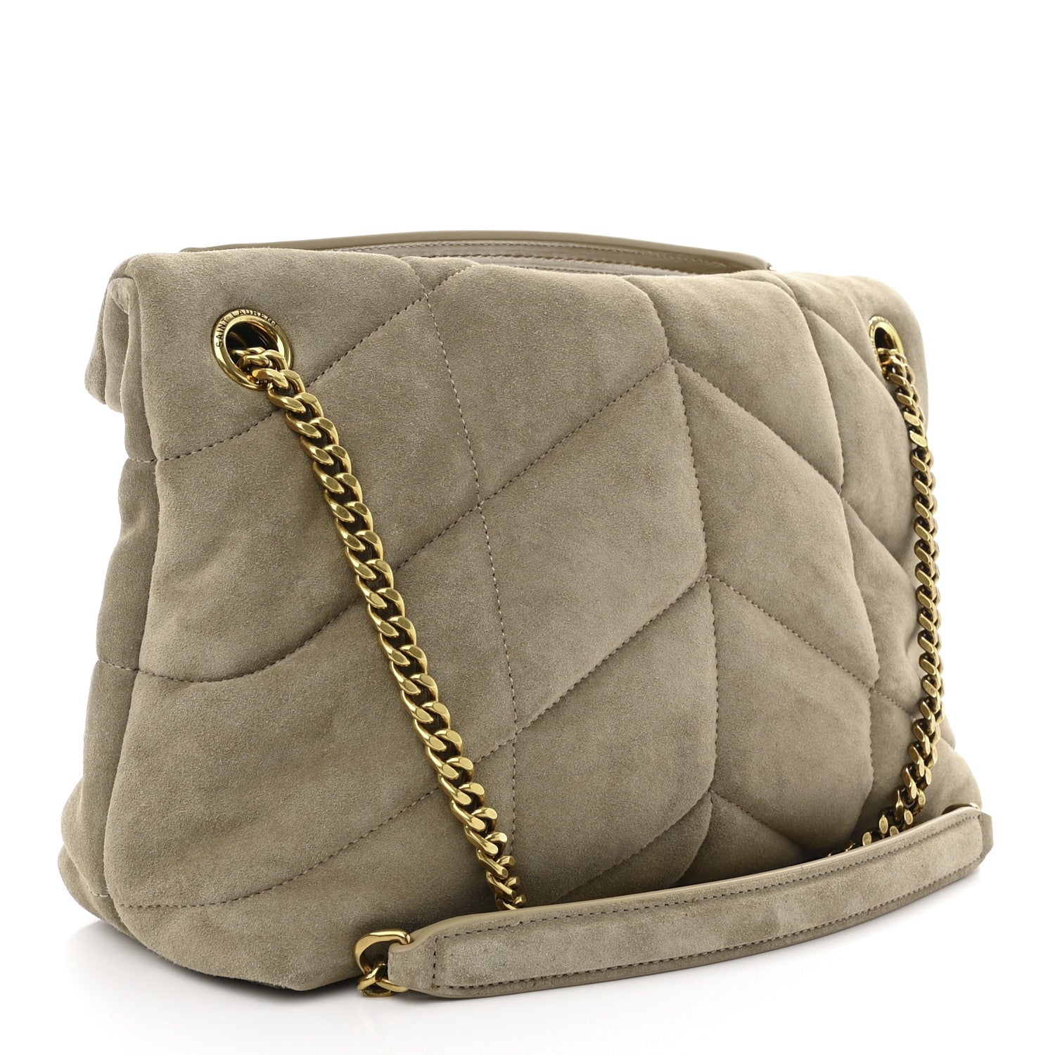 Saint Laurent Suede Calfskin Quilted Small Loulou Puffer Monogram Chain Satchel Matte Gold 3 of 10